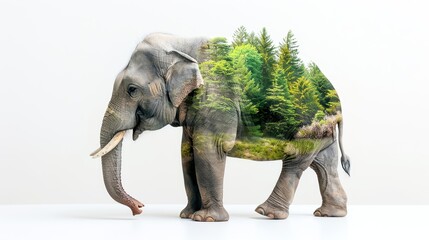 Fototapeta premium Double exposure of an elephant with a forest landscape, blending wildlife and nature in a creative composite image.