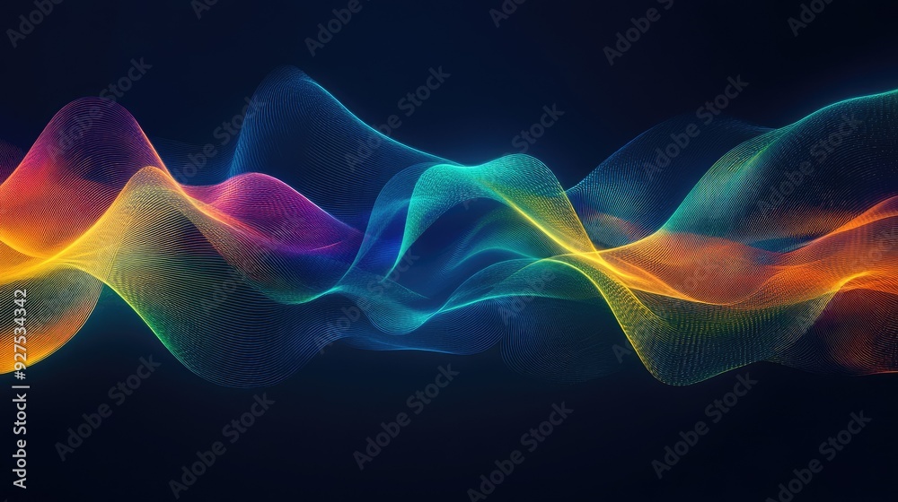 Poster Rainbow gradient sound wave lines illustration depicting speech or audio in motion. Dynamic and colorful abstract background for tech or media themes.