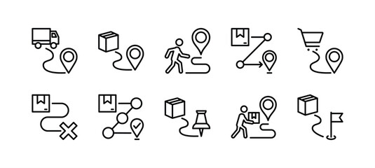 Package delivery location route thin line icon vector set. Containing map pin, distance, direction, pointer, packet or parcel shipping, tracking, cargo truck, parcel, gift, list and shopping cart