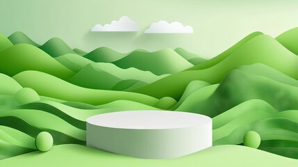 Realistic 3D cylinder pedestal podium with green mountain landscape in paper art style. Vector nature scenery with layered hills and sky for eco-friendly banners or presentations.