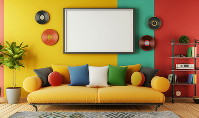 Mockup of empty frame, modern design, pop-art design, mockup for advertising paintings, living room