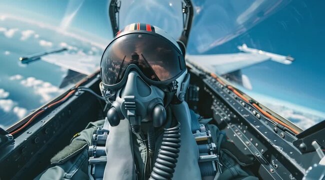 Pilot scene in fighter plane cabin, Camera slow motion with different angles