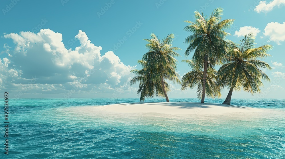 Wall mural a tropical island with white sandy beaches, turquoise waters, and palm trees swaying in the breeze