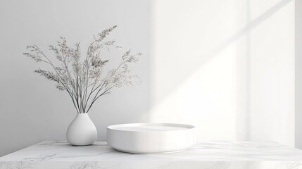 Refined white podium on a white background. 3D rendering for showcasing luxury cosmetic or perfume products. Clean, minimalist design with a modern, elegant presentation.