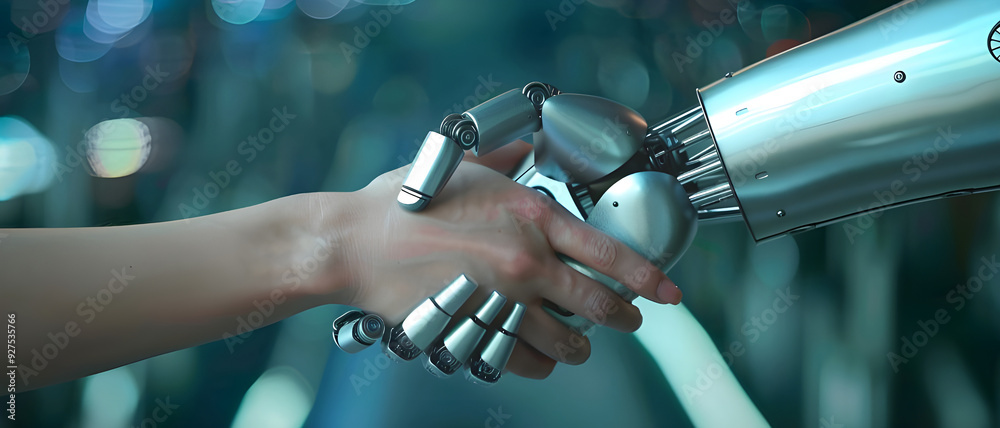 Aufkleber close-up of a human hand shaking a robot's hand, symbolizing collaboration between humans and ai in 