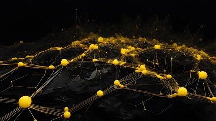 Illustration created using generative AI showing a luminous world on a black backdrop with a yellow network linking cities.