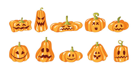 cute pumpkins with different characters set isolated on white background. Orange pumpkin with a smile for your design for Halloween. Vector illustration.