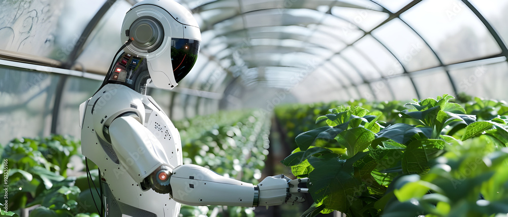 Poster a futuristic robot carefully tends to green plants in a high-tech greenhouse, symbolizing advanced a