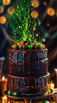 a chocolate cake with a green fire on top of it
