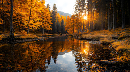 Obraz premium Stunning autumn forest with golden foliage reflecting in a tranquil river during sunset, creating a serene and picturesque landscape.