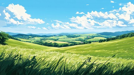 Fototapeta premium Serene green fields stretching over gentle hills with blue skies in a vector countryside scene. The illustration features meadows, pasturage, and a panoramic view of rural scenery.