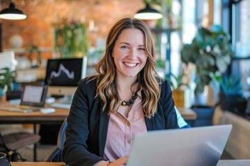 Smiling businesswoman using laptop at desk in workplace