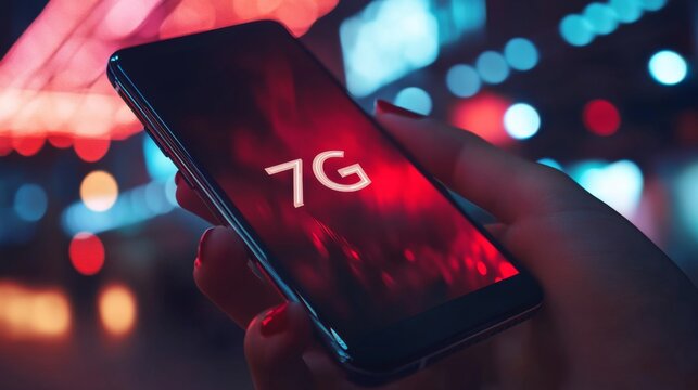 Smartphone in hand with 7G network concept and futuristic neon bokeh background