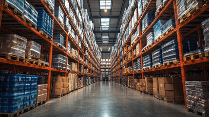 Fototapeta premium A warehouse filled with shelves of products ready for online orders.
