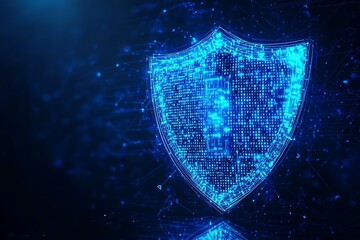 digital blue guard shield icon with glowing binary code, AI in security defense systems