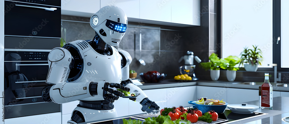 Poster a futuristic robot chef preparing fresh vegetables in a modern kitchen, showcasing advanced ai and a
