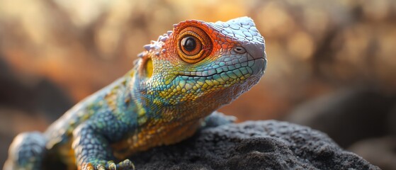 Close-Up of a Lizard Produce a 3D CG image of a lizard from a worms-eye view, showcasing realistic lighting and intricate details such as the creatures eyes and vibrant skin