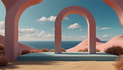 Fototapeta premium 3d Render, Abstract Surreal pastel landscape background with arches and podium for showing product, panoramic view, Colorful dune scene with copy space, blue sky and cloudy, Minimalist decor design