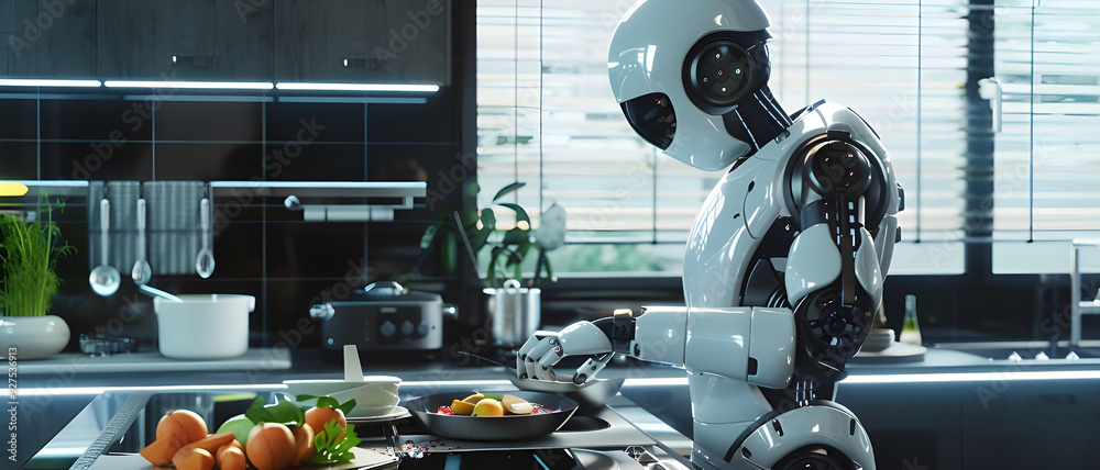 Poster a robot chef cooking in a modern kitchen, showcasing advanced technology and automation in the culin