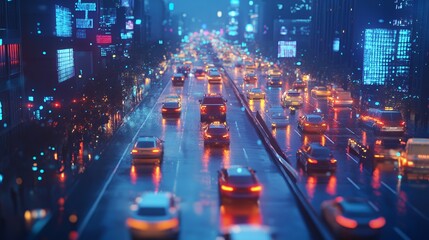 Nighttime traffic on a rainy city street with neon lights.
