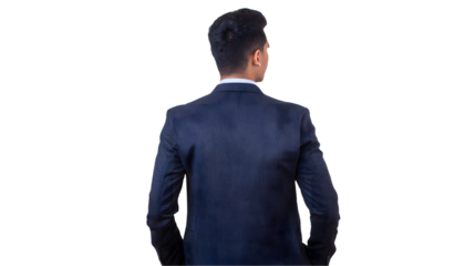 Businessman in a city. Back side of young man on a white isolated background. Generative AI.