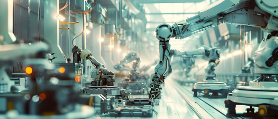 A futuristic factory featuring automated robotic arms working in a high-tech assembly line, showcasing advanced manufacturing technology and industrial automation.