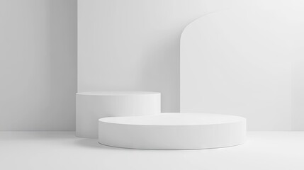 Sleek white podium set in a white studio. Ideal for product showcases or presentations. 3D illustration with a minimalist design and ample space for text or branding.
