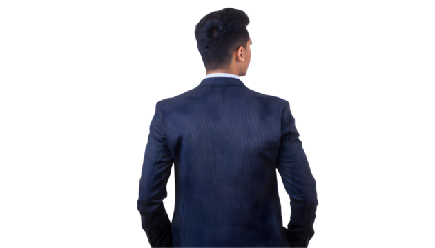 Businessman in a city. Back side of young man on a white isolated background. Generative AI.