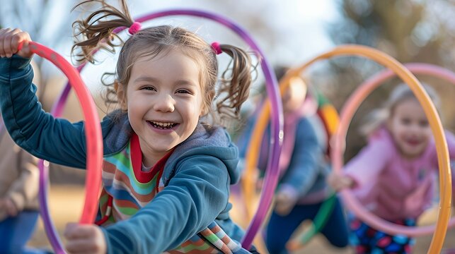A young girl with pigtails smiles brightly as she holds a red hula hoop in front of her, while two other children hold green and orange hula hoops behind her.