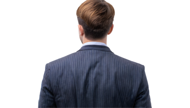 Businessman in a city. Back side of young man on a white isolated background. Generative AI.