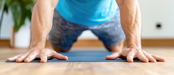 Close-up of a person doing a push-up on a yoga mat, focusing on their hands and arms, showcasing fitness, strength, and workout routine.