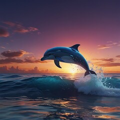 Fototapeta premium A vibrant and surreal seascape during sunset. A dolphin, with a gradient of blue and pink hues, gracefully leaps out of the ocean