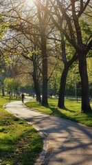 A serene spring afternoon stroll through a sunlit park path lined with trees