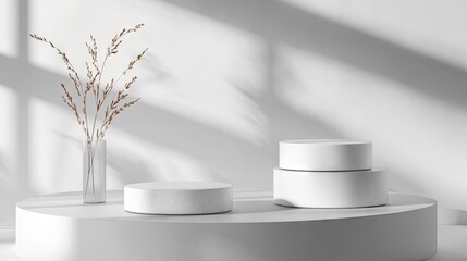 Sophisticated podium set against a gray background for premium cosmetic branding and packaging. Studio stage with soft shadows for a professional product presentation.