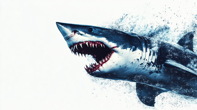 A great white shark breaches the surface of the ocean, showcasing its powerful jaws in a spectacular display of nature