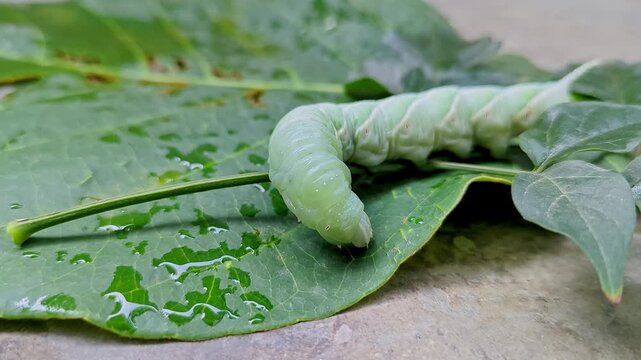 A macro closeup shows Tobacco Hornworm or Manduca sexta crawling on a big leaf
