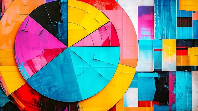Vibrant pie chart representing market segmentation, displayed in a high-contrast, art-style collage