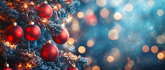 A Christmas tree decorated with colorful balls, stars, and pine cones. A New Year greeting card design