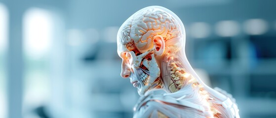 3D rendering of a human head and shoulder with highlighted brain and neural pathways, focusing on anatomy and neurology.