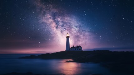 A white lighthouse stands on a rocky coast, illuminated against a backdrop of the Milky Way.
