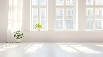 Fototapeta premium : Clutter-Free Minimalist Temporary Living Space with Large Windows, Offering a Serene and Peaceful Retreat for Transitions
