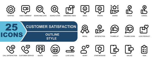icon set customer satisfaction.simple outline style.contains verified,badge,video comment,video,searching love,search,search star,unboxing video,like,smile.
