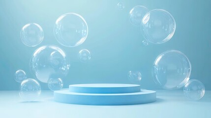 Stylish blue podium stage with bubbles floating in the air. 3D vector background with rounded rectangular platforms and soapy spheres, ideal for creative product displays.