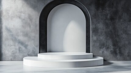 Stylish gray room with a pulpit and white podium on a clean display base. Ideal for creating presentations or showcasing products. 3D background with ample space for text and creative elements.