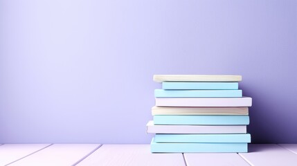 Stack of colorful books on a wooden table with a light purple background. Minimalistic composition for educational or reading concepts.