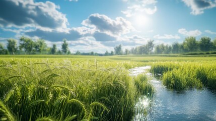 Countryside landscape with green barley field