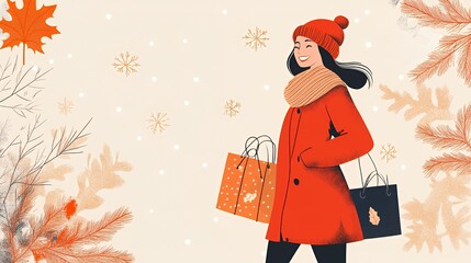 A smiling woman in a red coat and hat walks with shopping bags in a snowy background with autumn leaves on the sides.