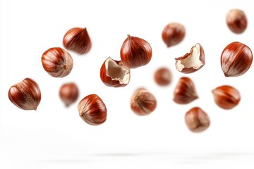 Flying in air hazelnuts isolated on white background. Falling hazelnuts