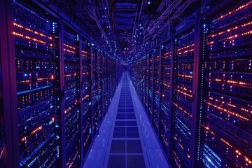 Futuristic Data Center with Rows of Servers and Blinking Lights in Overhead View
