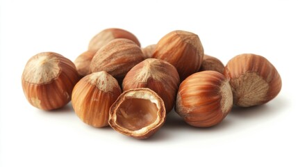 Hazelnuts isolated on a white background. Pile of Hazelnuts nuts closeup
